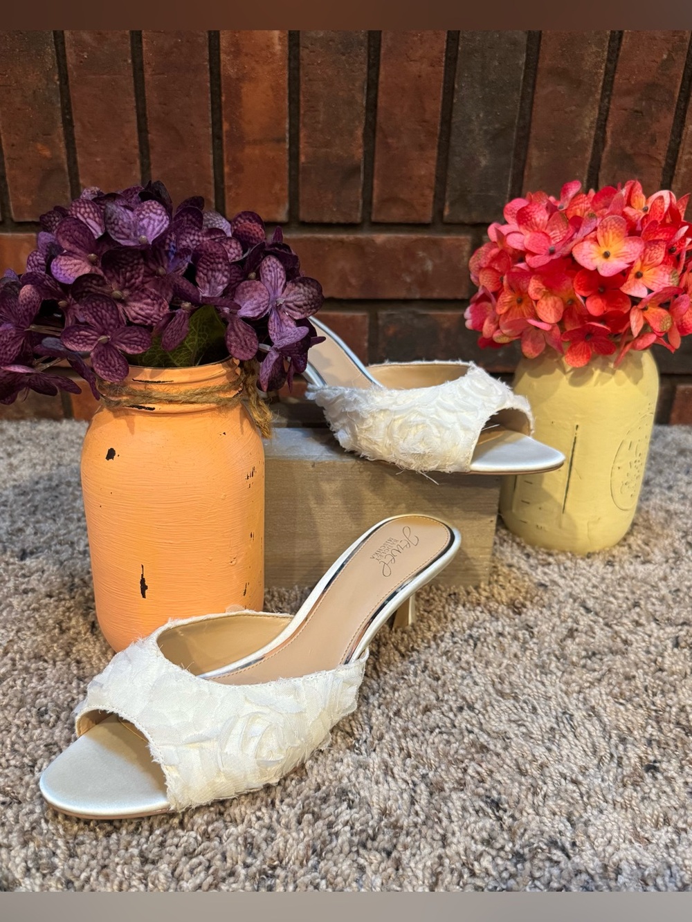 Jewel Badgley Mishka White Open-Toe Kitten Heels